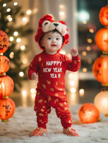 Cute baby wearing red , a lion hat, and matching shoes, standing in the middle of the frame with lanterns hanging on both sides. The simple, solid-color background and Chinese New Year theme are complemented by the text "HAPPY NEW YEAR" and the lantern decorations around the child. The studio lighting, high-resolution photography style, minimalist composition, natural light, soft tones, and warm atmosphere create a visually appealing and harmonious scene.