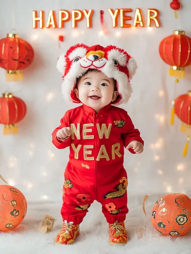 Cute baby wearing red , a lion hat, and matching shoes, standing in the middle of the frame with lanterns hanging on both sides. The simple, solid-color background and Chinese New Year theme are complemented by the text "HAPPY NEW YEAR" and the lantern decorations around the child. The studio lighting, high-resolution photography style, minimalist composition, natural light, soft tones, and warm atmosphere create a visually appealing and harmonious scene.