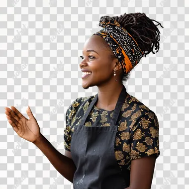 A female african chef stands with face turned to the right, looking down, wearing a black apron over a black and gold patterned shirt and african head gear . She is smiling warmly while her right hand is outward and her left hand extended as if presenting or showcasing something