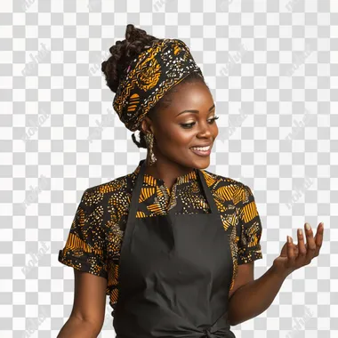 A female african chef stands with face turned to the right, looking down, wearing a black apron over a black and gold patterned shirt and african head gear . She is smiling warmly while her right hand is outward and her left hand extended as if presenting or showcasing something