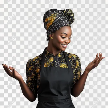 A female african chef stands with face turned to the right, looking down, wearing a black apron over a black and gold patterned shirt and african head gear . She is smiling warmly while her right hand is outward and her left hand extended as if presenting or showcasing something