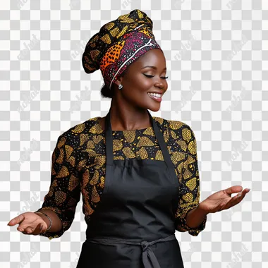 A female african chef stands with face turned to the right, looking down, wearing a black apron over a black and gold patterned shirt and african head gear . She is smiling warmly while her right hand is outward and her left hand extended as if presenting or showcasing something