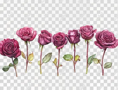 Drawing of roses in realistic photography, a horizontal row with several rose flowers, on a white background.