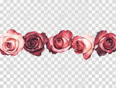 Drawing of roses in realistic photography, a horizontal row with several rose flowers, on a white background.