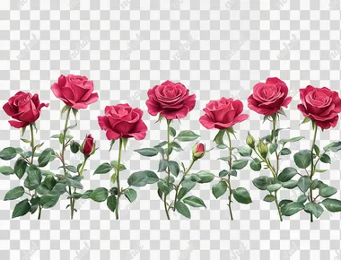 Drawing of roses in realistic photography, a horizontal row with several rose flowers, on a white background.