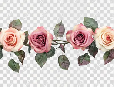 Drawing of roses in realistic photography, a horizontal row with several rose flowers, on a white background.