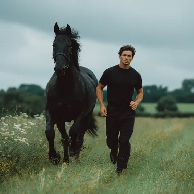 create a cinematic color image of a man and a horse running together in an irish field in summer. shot on 35mm film, aestetic of a vogue fashion shoot. He is wearing a simple black outfit