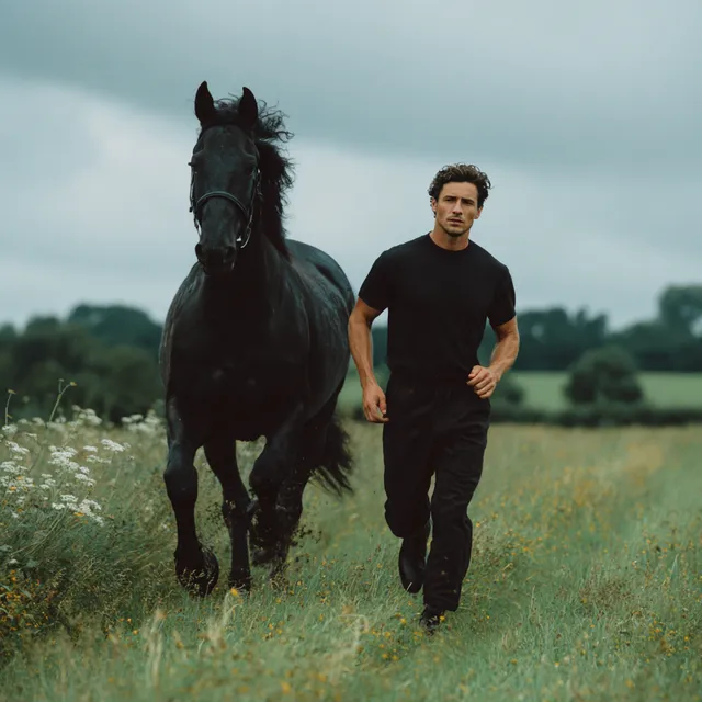 Cinematic Summer Run: Man and Horse in an Irish Field