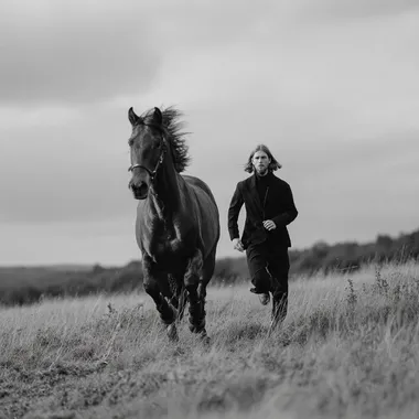 create a cinematic color image of a man and a horse running together in an irish field in summer. shot on 35mm film, aestetic of a vogue fashion shoot. He is wearing a simple black outfit