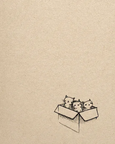 A simple drawing of three cats in the bottom right corner peeking out from behind an open rectangular box on cream-colored paper, drawn with pencil lines in a minimalistic style, cute and adorable.