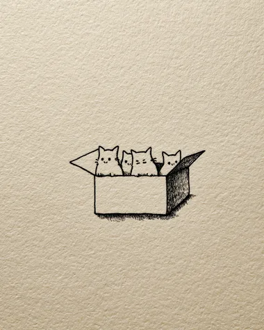 A simple drawing of three cats in the bottom right corner peeking out from behind an open rectangular box on cream-colored paper, drawn with pencil lines in a minimalistic style, cute and adorable.