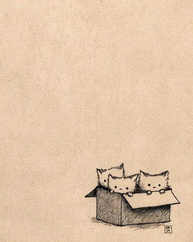 A simple drawing of three cats in the bottom right corner peeking out from behind an open rectangular box on cream-colored paper, drawn with pencil lines in a minimalistic style, cute and adorable.