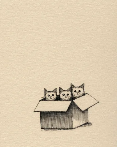 A simple drawing of three cats in the bottom right corner peeking out from behind an open rectangular box on cream-colored paper, drawn with pencil lines in a minimalistic style, cute and adorable.