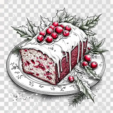 coloring page of a Rustic slice of cranberry orange loaf cake with visible cranberries, orange zest, and a light glaze, resting on a vintage plate, surrounded by holly leaves and a sprig of rosemary, realistic textures, cozy Christmas atmosphere