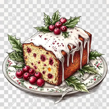 coloring page of a Rustic slice of cranberry orange loaf cake with visible cranberries, orange zest, and a light glaze, resting on a vintage plate, surrounded by holly leaves and a sprig of rosemary, realistic textures, cozy Christmas atmosphere