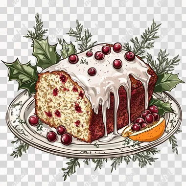 coloring page of a Rustic slice of cranberry orange loaf cake with visible cranberries, orange zest, and a light glaze, resting on a vintage plate, surrounded by holly leaves and a sprig of rosemary, realistic textures, cozy Christmas atmosphere