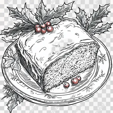 coloring page of a Rustic slice of cranberry orange loaf cake with visible cranberries, orange zest, and a light glaze, resting on a vintage plate, surrounded by holly leaves and a sprig of rosemary, realistic textures, cozy Christmas atmosphere
