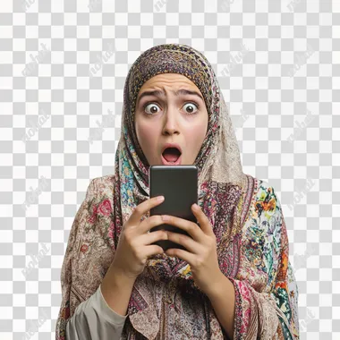 Shocked arab young woman holding smartphone isolated on white background dramatic light photography
