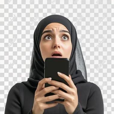 Shocked arab young woman holding smartphone isolated on white background dramatic light photography