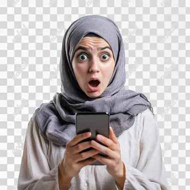 Shocked arab young woman holding smartphone isolated on white background dramatic light photography