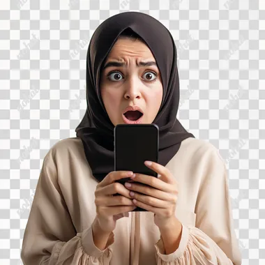 Shocked arab young woman holding smartphone isolated on white background dramatic light photography