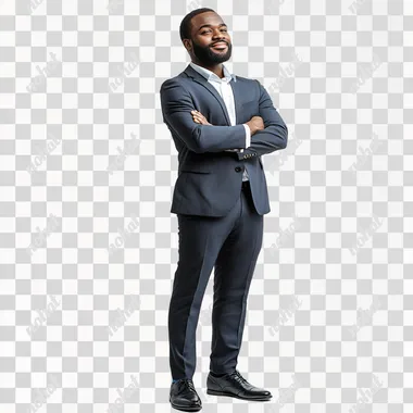 looking to the right african businessman wearing suit and classic shoes, standing, arms crossed, smiling slightly, white background.