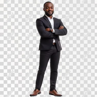 looking to the right african businessman wearing suit and classic shoes, standing, arms crossed, smiling slightly, white background.