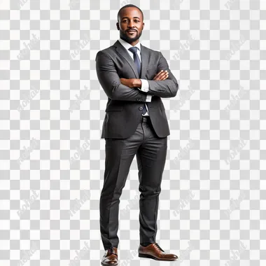 looking to the right african businessman wearing suit and classic shoes, standing, arms crossed, smiling slightly, white background.