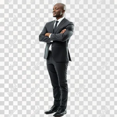 looking to the right african businessman wearing suit and classic shoes, standing, arms crossed, smiling slightly, white background.
