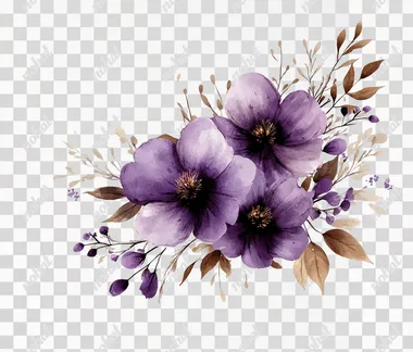 Watercolor purple floral bouquet on the right side of the page, a simple and clean design, with a white background and beige color accents, in a clipart style.  --s 250