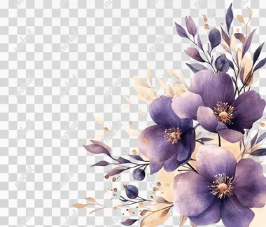 Watercolor purple floral bouquet on the right side of the page, a simple and clean design, with a white background and beige color accents, in a clipart style.  --s 250