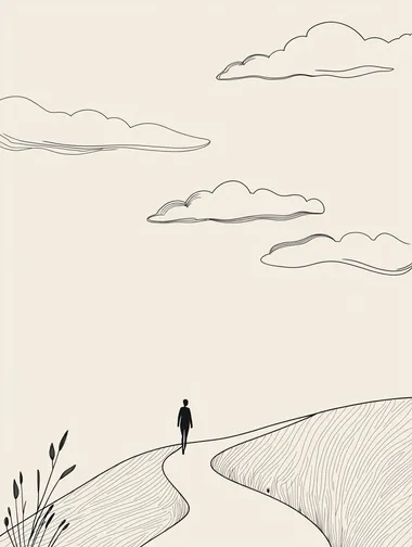 illustration of a person walking along a lonely & difficult path. Simple line art, minimalistic illustration.
