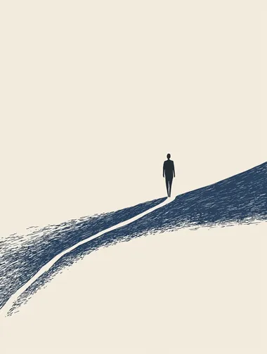 illustration of a person walking along a lonely & difficult path. Simple line art, minimalistic illustration.