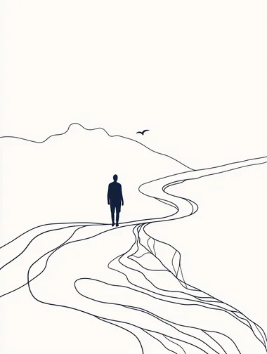 illustration of a person walking along a lonely & difficult path. Simple line art, minimalistic illustration.