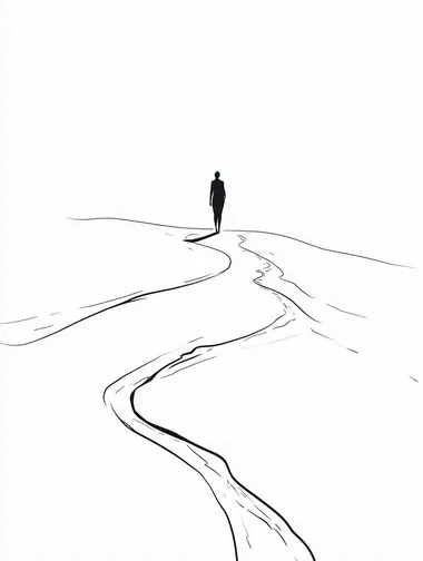 illustration of a person walking along a lonely & difficult path. Simple line art, minimalistic illustration.