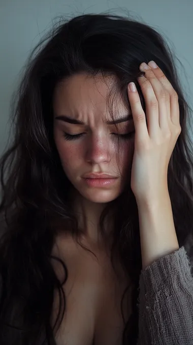 30-year-old brunette woman suffering from eye discomfort, head down, looking strange, forehead furrowed, hand on head and eyes closed, hd, 4k,