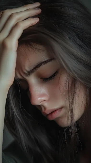 30-year-old brunette woman suffering from eye discomfort, head down, looking strange, forehead furrowed, hand on head and eyes closed, hd, 4k,