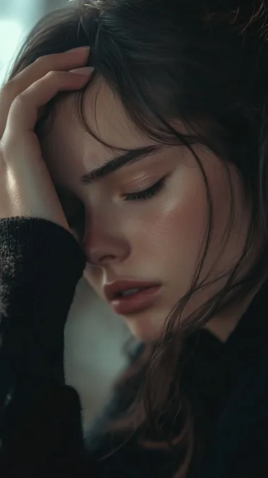 30-year-old brunette woman suffering from eye discomfort, head down, looking strange, forehead furrowed, hand on head and eyes closed, hd, 4k,