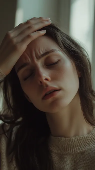 30-year-old brunette woman suffering from eye discomfort, head down, looking strange, forehead furrowed, hand on head and eyes closed, hd, 4k,