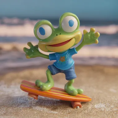 3D cartoon of cute personified frog, wearing blue shorts and a green T-shirt, surfing on the beach, full body view, in the style of Pixar, in the style of Disney, beach background, high-quality details, Octane rendering, Popmart blind box toy model, studio lighting, ultra-detailed, high resolution, high detail, high precision, octane render,  --s 50 --raw