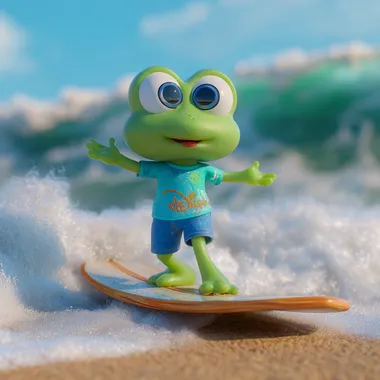 3D cartoon of cute personified frog, wearing blue shorts and a green T-shirt, surfing on the beach, full body view, in the style of Pixar, in the style of Disney, beach background, high-quality details, Octane rendering, Popmart blind box toy model, studio lighting, ultra-detailed, high resolution, high detail, high precision, octane render,  --s 50 --raw
