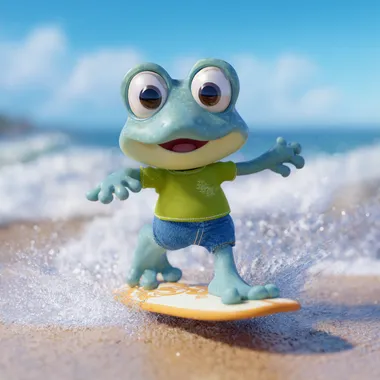 3D cartoon of cute personified frog, wearing blue shorts and a green T-shirt, surfing on the beach, full body view, in the style of Pixar, in the style of Disney, beach background, high-quality details, Octane rendering, Popmart blind box toy model, studio lighting, ultra-detailed, high resolution, high detail, high precision, octane render,  --s 50 --raw