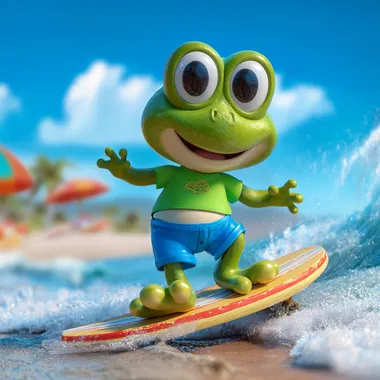 3D cartoon of cute personified frog, wearing blue shorts and a green T-shirt, surfing on the beach, full body view, in the style of Pixar, in the style of Disney, beach background, high-quality details, Octane rendering, Popmart blind box toy model, studio lighting, ultra-detailed, high resolution, high detail, high precision, octane render,  --s 50 --raw
