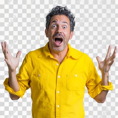 a 45 years old man, latin, casual clothes, with an "oh" face expression, open mouth, white, open arms in a plesent surpriced pose background, yellow shirt