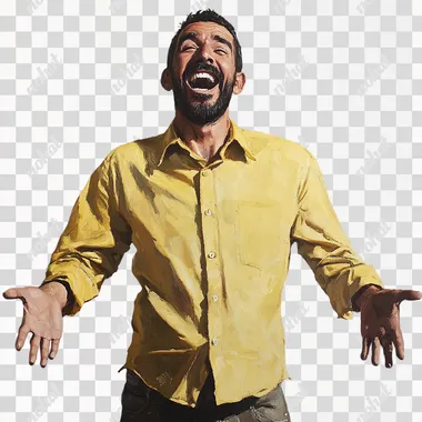 a 45 years old man, latin, casual clothes, with an "oh" face expression, open mouth, white, open arms in a plesent surpriced pose background, yellow shirt