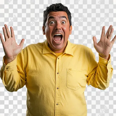 a 45 years old man, latin, casual clothes, with an "oh" face expression, open mouth, white, open arms in a plesent surpriced pose background, yellow shirt