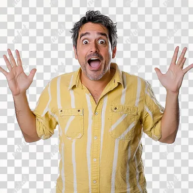 a 45 years old man, latin, casual clothes, with an "oh" face expression, open mouth, white, open arms in a plesent surpriced pose background, yellow shirt