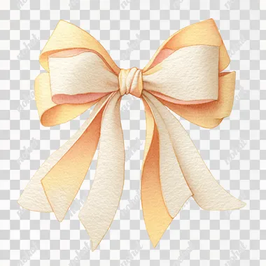 Watercolor wet on wet, paper rough texture, a large vintage ribbon bow in dusty cream tones, soft folds and subtle shadows, tied neatly with trailing ends, children's book style, isolated on white background  shadows rofile lyknqjz