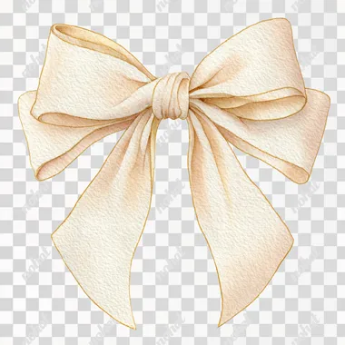 Watercolor wet on wet, paper rough texture, a large vintage ribbon bow in dusty cream tones, soft folds and subtle shadows, tied neatly with trailing ends, children's book style, isolated on white background  shadows rofile lyknqjz