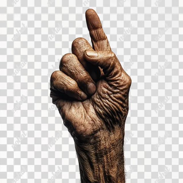 PNG Old Man's Hand Holding Peace Sign with Dramatic Lighting and Detail